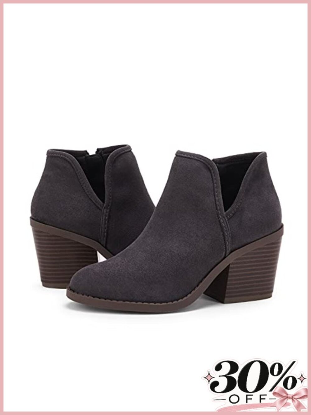 Faux Suede Ankle Boots Chunky Stacked Heel Side Zipper Casual Booties